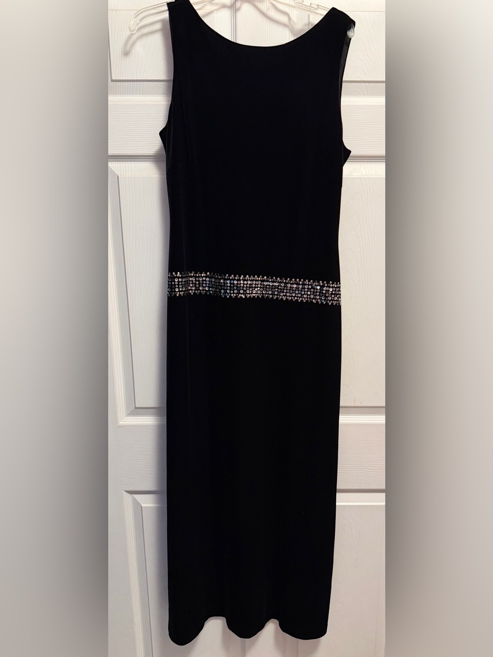 Robbie Bee Black Velvet Evening Dress with Rhinestone Waist Deep V Back